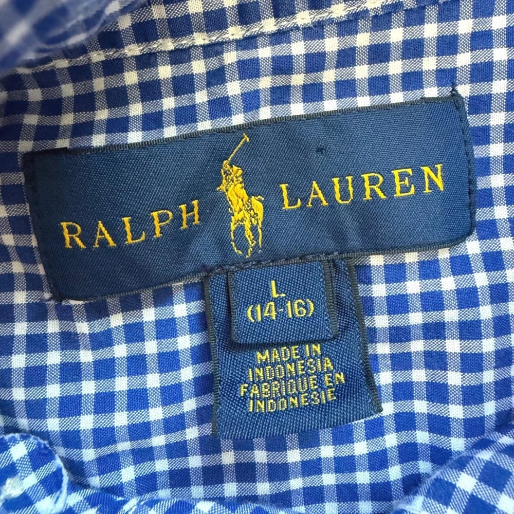 Ralph Lauren Boys Blue Gingham Button Down Shirt Large 14-16 Orange Pony Logo
